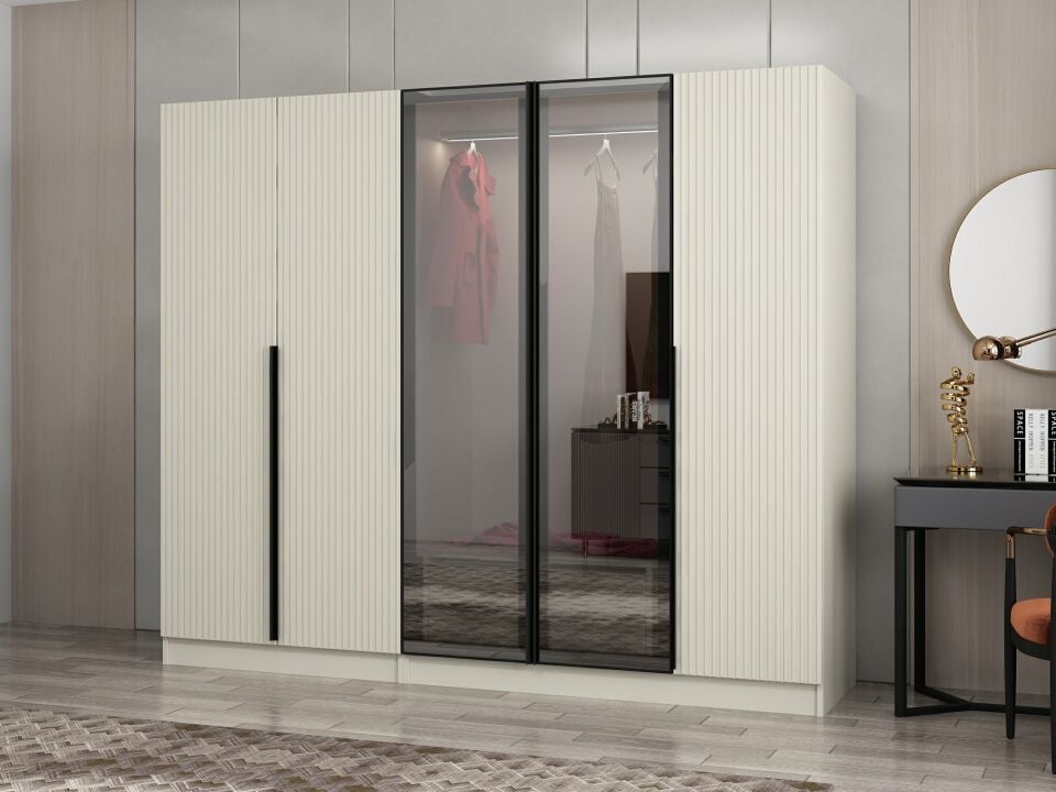 Nisa Plus 5 Kapaklı 2 Çekmece Dolap Kumtaşı Mebran Reflekte Cam