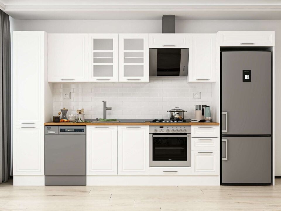 Alvinka 365X222 Cm Klasik Mebran Mutfak Dolabı Beyaz Beyaz Mbb-E80B45S40-3