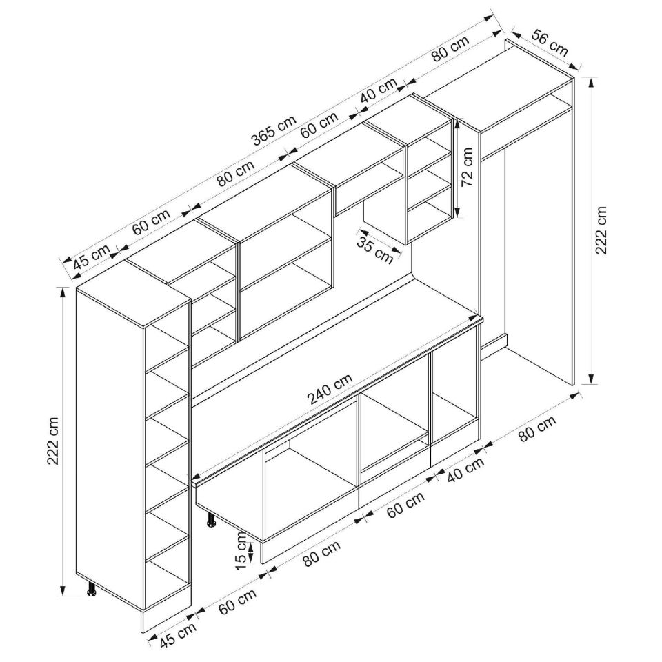 Alvinka 365X222 Cm Klasik Mebran Mutfak Dolabı Beyaz Beyaz Mbb-E80B45S40-3