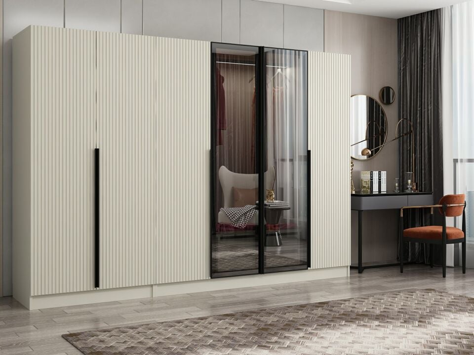 Nisa Plus 6 Kapaklı 2 Çekmece Dolap Kumtaşı Mebran Reflekte Cam