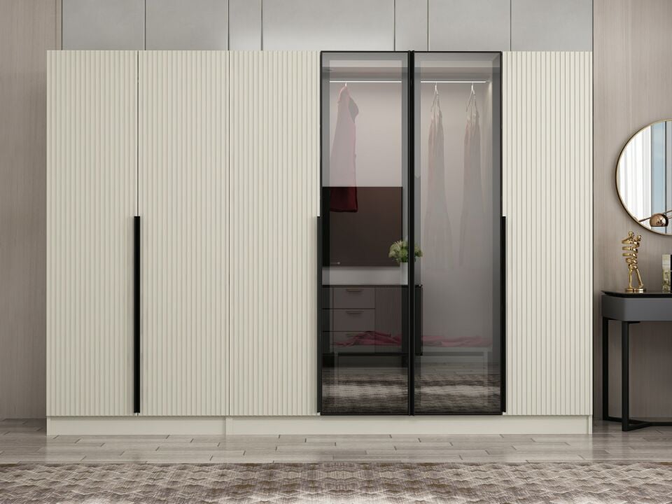 Nisa Plus 6 Kapaklı 2 Çekmece Dolap Kumtaşı Mebran Reflekte Cam