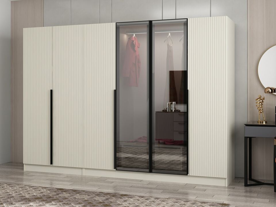 Nisa Plus 6 Kapaklı 2 Çekmece Dolap Kumtaşı Mebran Reflekte Cam