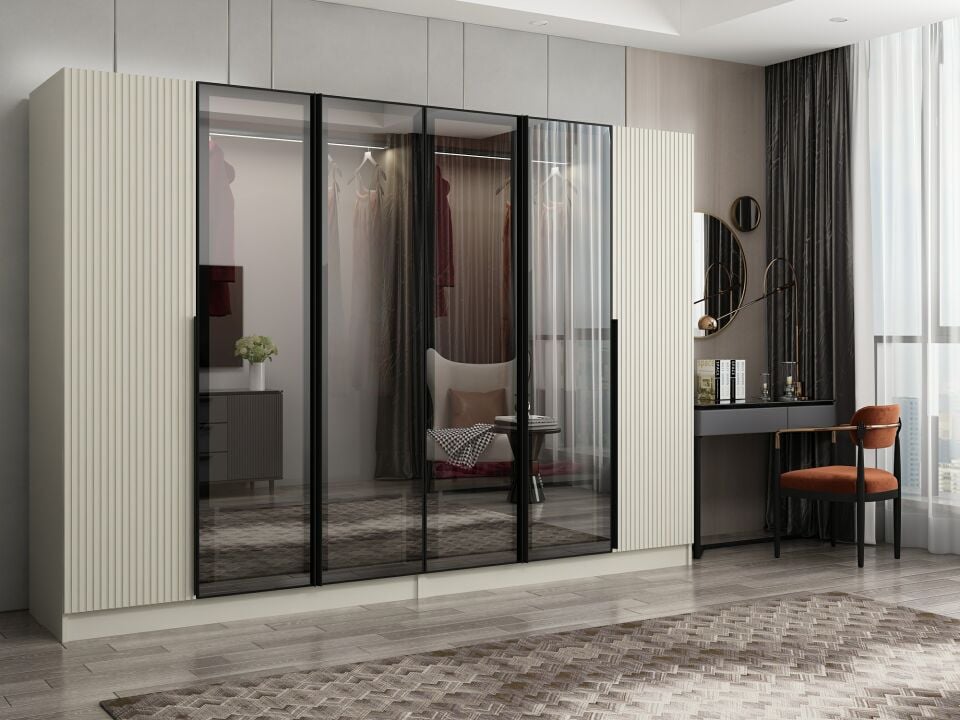 Nisa Plus 6 Kapaklı 4 Çekmece Dolap Kumtaşı Mebran Reflekte Cam