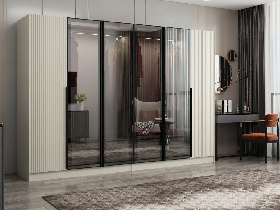 Nisa Plus 6 Kapaklı 4 Çekmece Dolap Kumtaşı Mebran Reflekte Cam