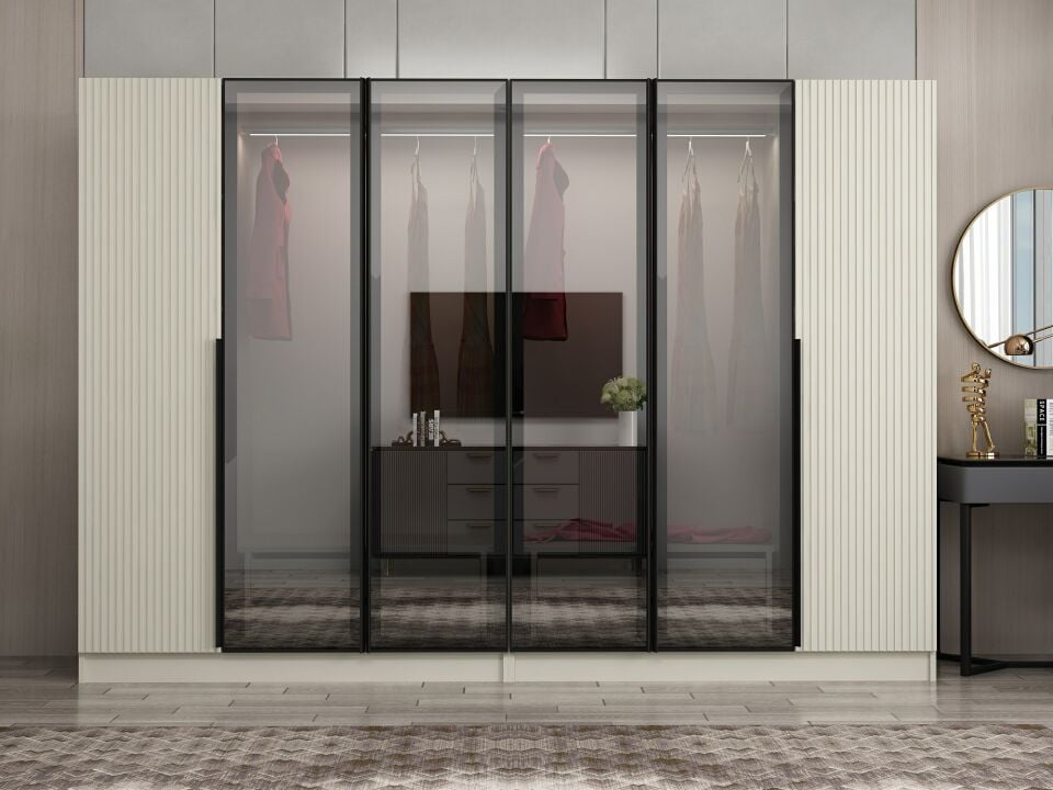 Nisa Plus 6 Kapaklı 4 Çekmece Dolap Kumtaşı Mebran Reflekte Cam