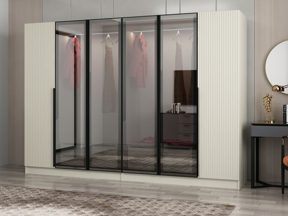 Nisa Plus 6 Kapaklı 4 Çekmece Dolap Kumtaşı Mebran Reflekte Cam