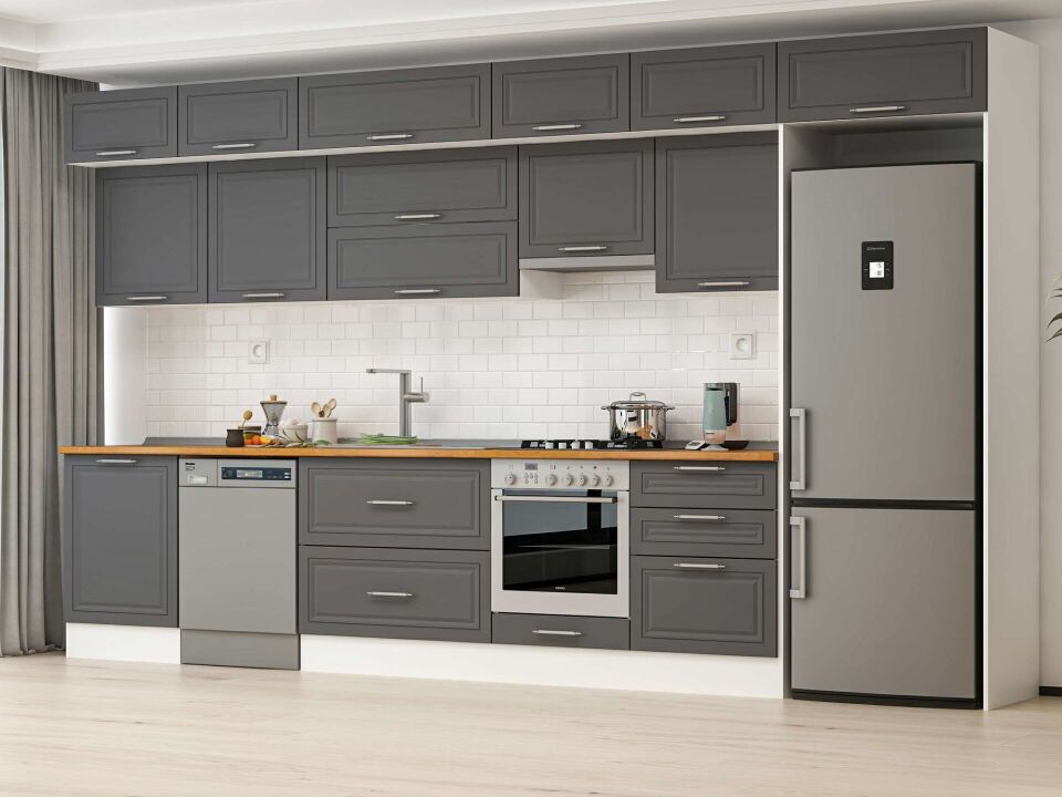 Alvinka 410X240 Cm Klasik Mebran Mutfak Dolabı Mb-E90S60S60-1 Mebran | Antrasit - Mdf