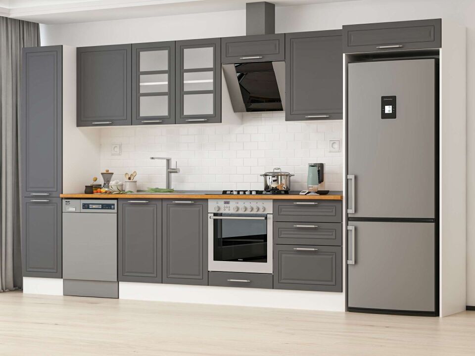 Alvinka 395X222 Cm Klasik Mebran Mutfak Dolabı Mbb-E90B45S60-3 Mebran | Antrasit - Suntalam