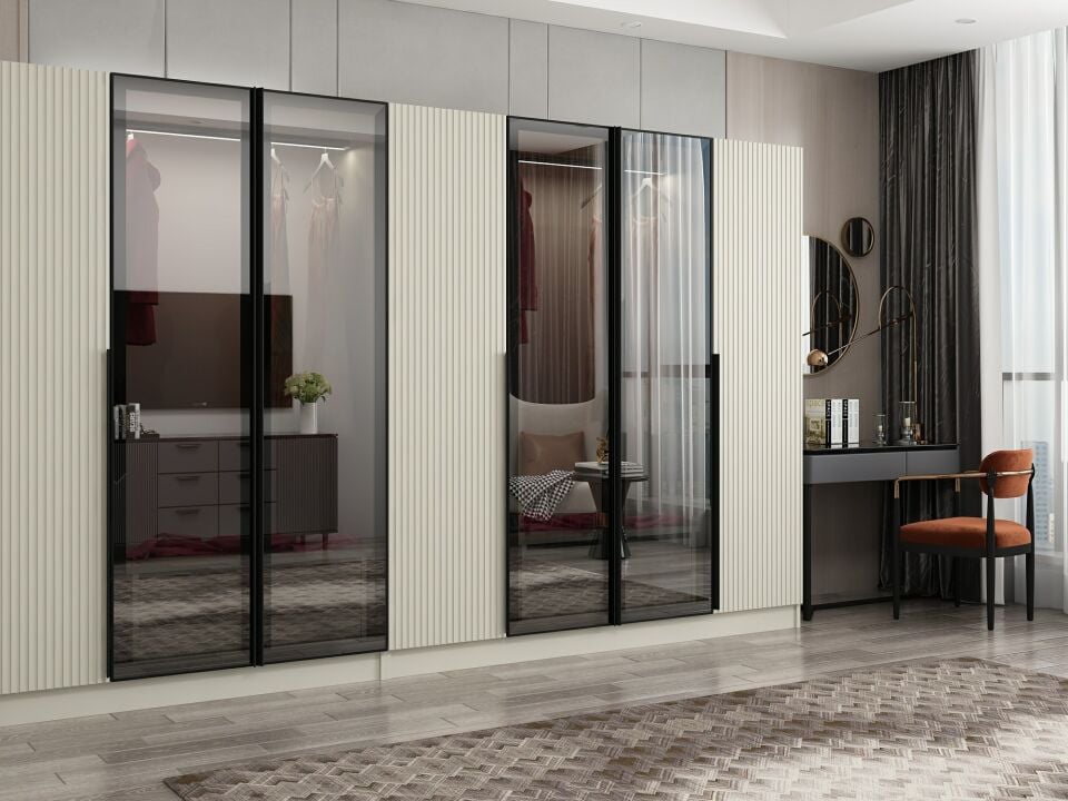 Nisa Plus 7 Kapaklı 4 Çekmece Dolap Kumtaşı Mebran Reflekte Cam