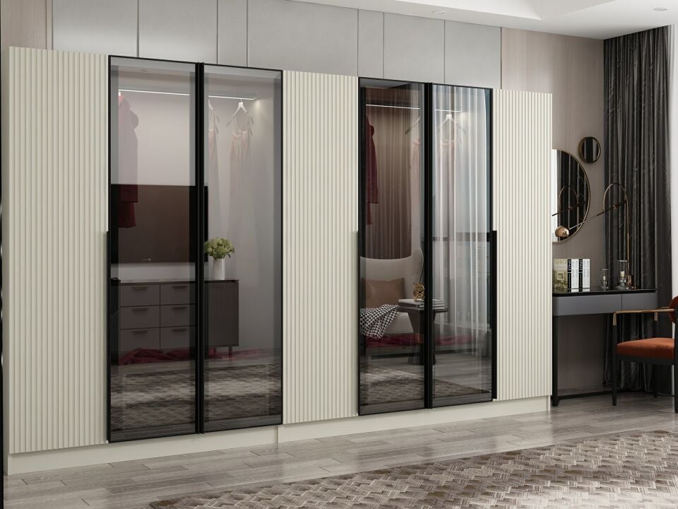 Nisa Plus 7 Kapaklı 4 Çekmece Dolap Kumtaşı Mebran Reflekte Cam