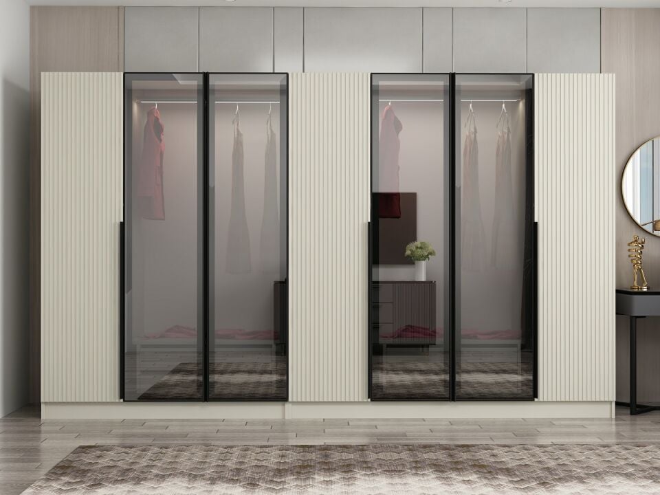 Nisa Plus 7 Kapaklı 4 Çekmece Dolap Kumtaşı Mebran Reflekte Cam