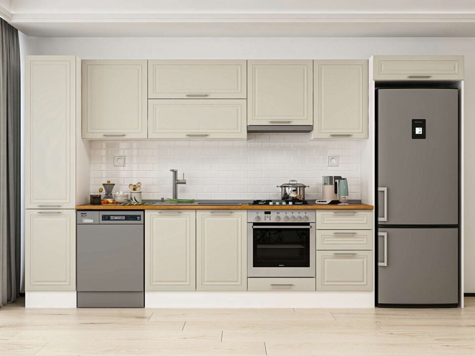 Alvinka 375X222 Cm Klasik Mebran Mutfak Dolabı Beyaz Beyaz Mbb-E80B45S50-1