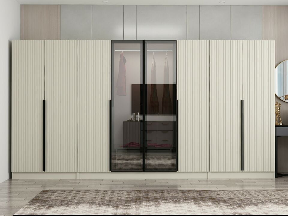 Nisa Plus 8 Kapaklı 2 Çekmece Dolap Kumtaşı Mebran Reflekte Cam