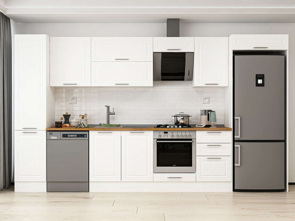 Alvinka 375X222 Cm Klasik Mebran Mutfak Dolabı Beyaz Beyaz Mbb-E80B45S50-2