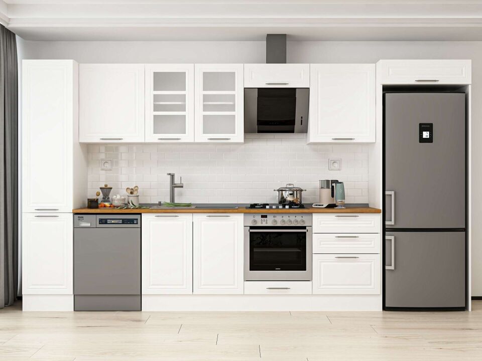 Alvinka 395X222 Cm Klasik Mebran Mutfak Dolabı Mbb-E90B45S60-3 Mebran | Beyaz - Mdf
