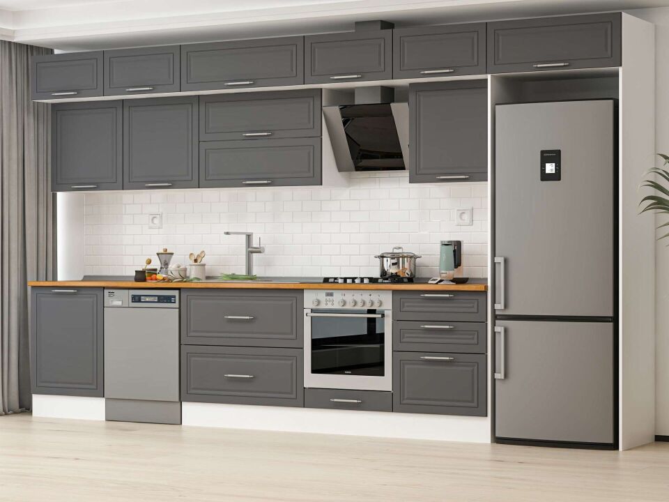 Alvinka 410X240 Cm Klasik Mebran Mutfak Dolabı Mb-E90S60S60-2 Mebran | Antrasit - Suntalam