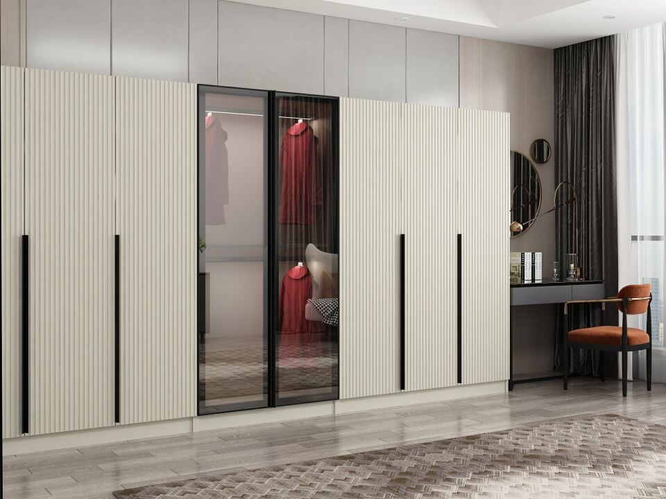 Nisa Plus 8 Kapaklı 4 Çekmece Dolap Kumtaşı Mebran Reflekte Cam