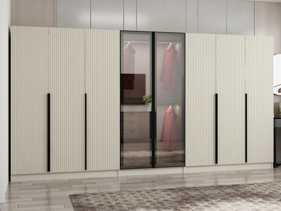 Nisa Plus 8 Kapaklı 4 Çekmece Dolap Kumtaşı Mebran Reflekte Cam