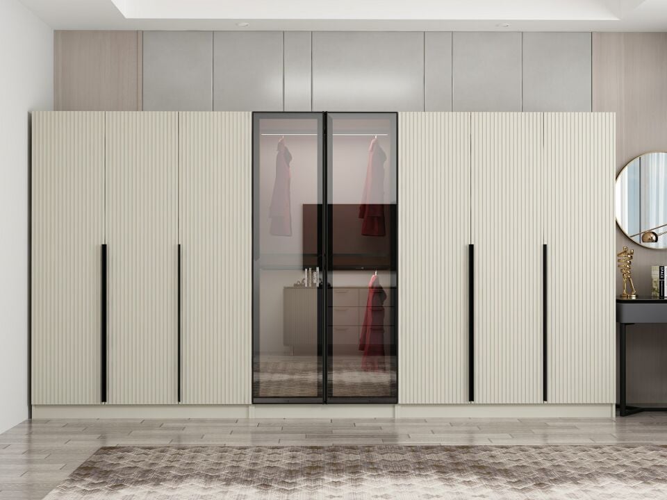 Nisa Plus 8 Kapaklı 4 Çekmece Dolap Kumtaşı Mebran Reflekte Cam