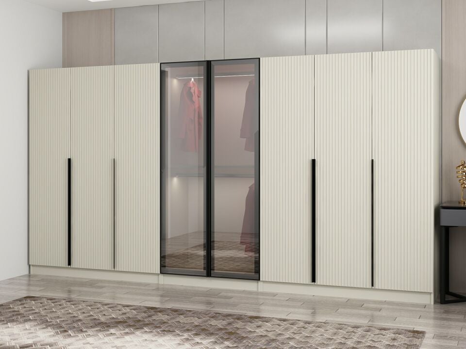 Nisa Plus 8 Kapaklı 4 Çekmece Dolap Kumtaşı Mebran Reflekte Cam