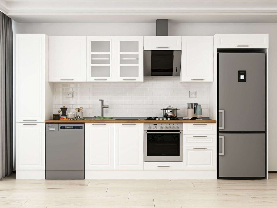 Alvinka 375X222 Cm Klasik Mebran Mutfak Dolabı Beyaz Beyaz Mbb-E80B45S50-3