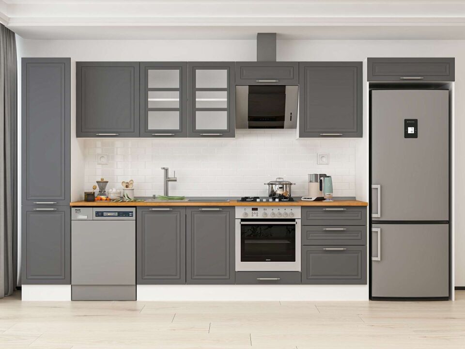 Alvinka 395X222 Cm Klasik Mebran Mutfak Dolabı Mbb-E90B45S60-3 Mebran | Antrasit - Mdf