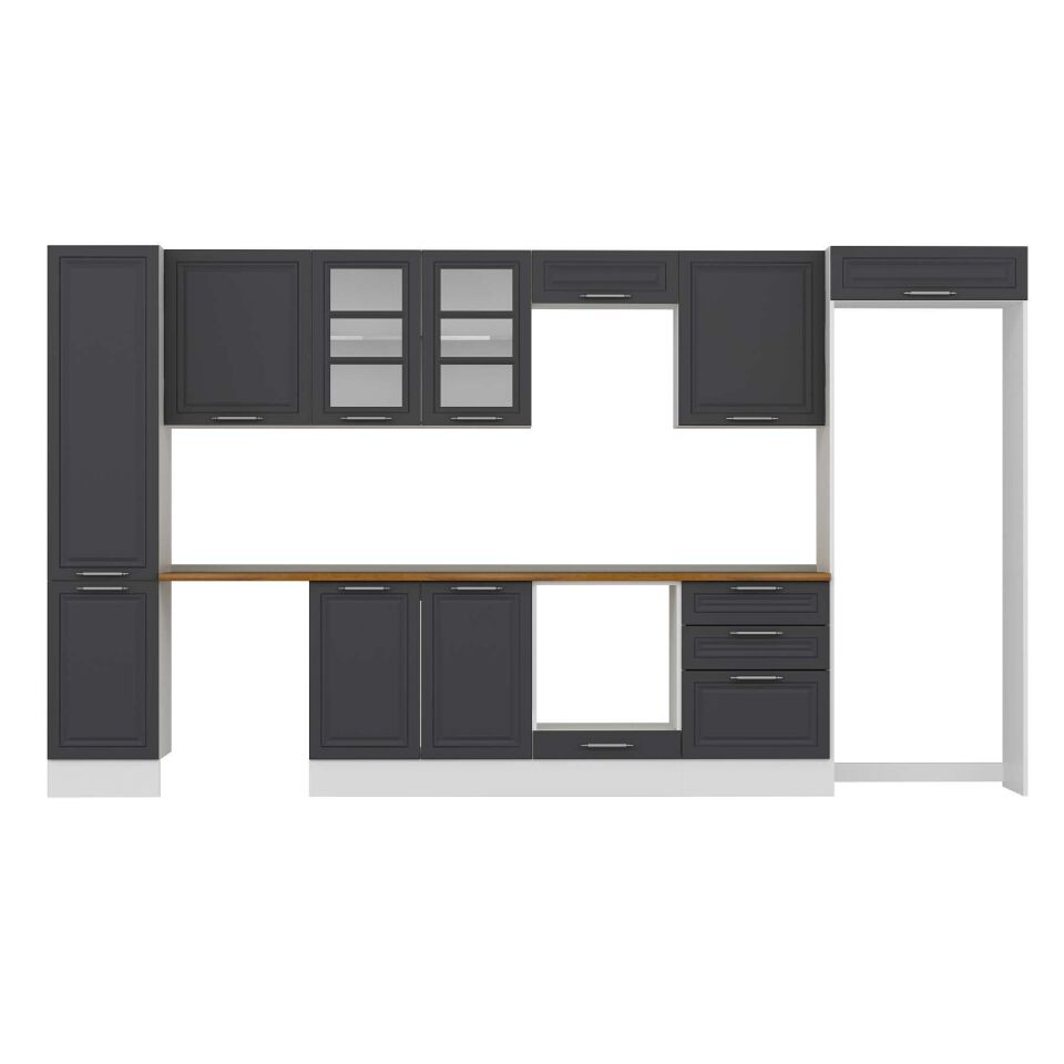 Alvinka 395X222 Cm Klasik Mebran Mutfak Dolabı Mbb-E90B45S60-3 Mebran | Antrasit - Mdf