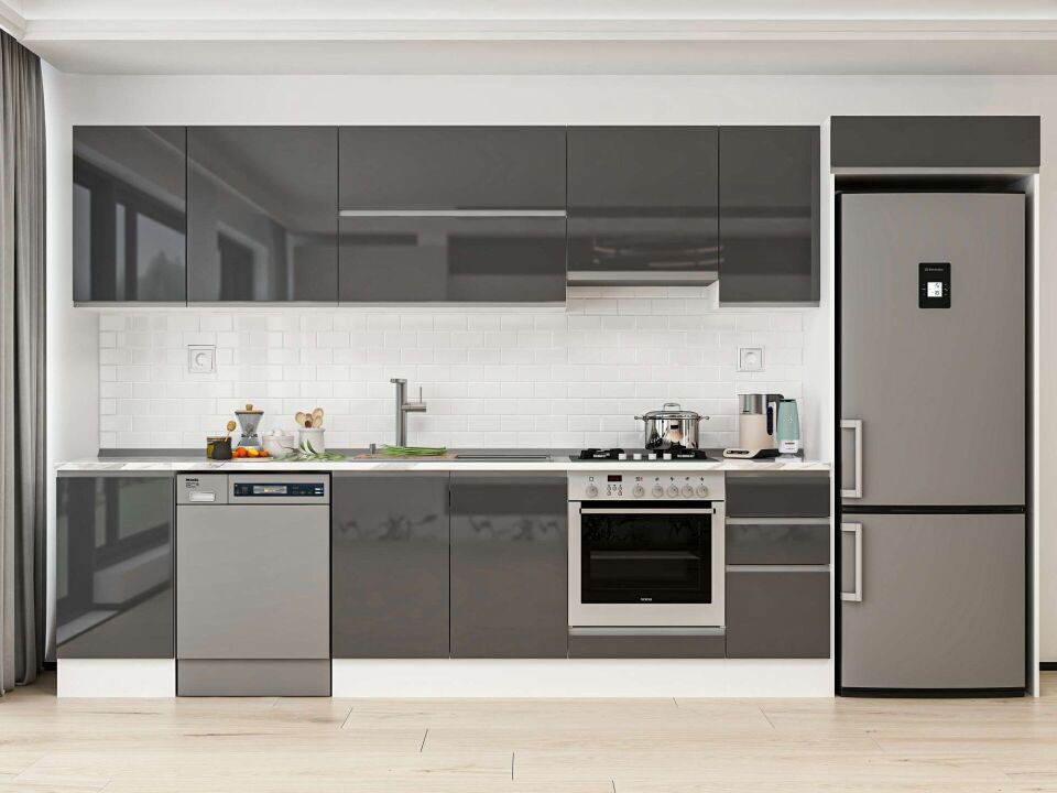 Alvinka 375X222 Cm High Gloss Mutfak Dolabı Mb-E90S45S40-1 High Gloss | Antrasit - Mdf