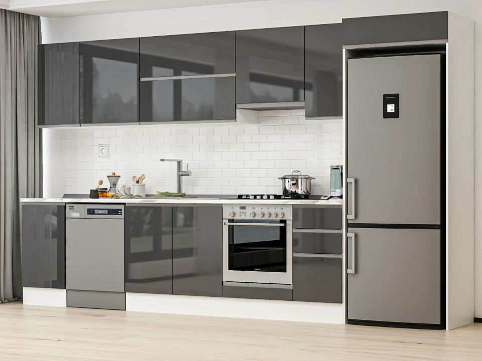 Alvinka 375X222 Cm High Gloss Mutfak Dolabı Mb-E90S45S40-1 High Gloss | Antrasit - Mdf
