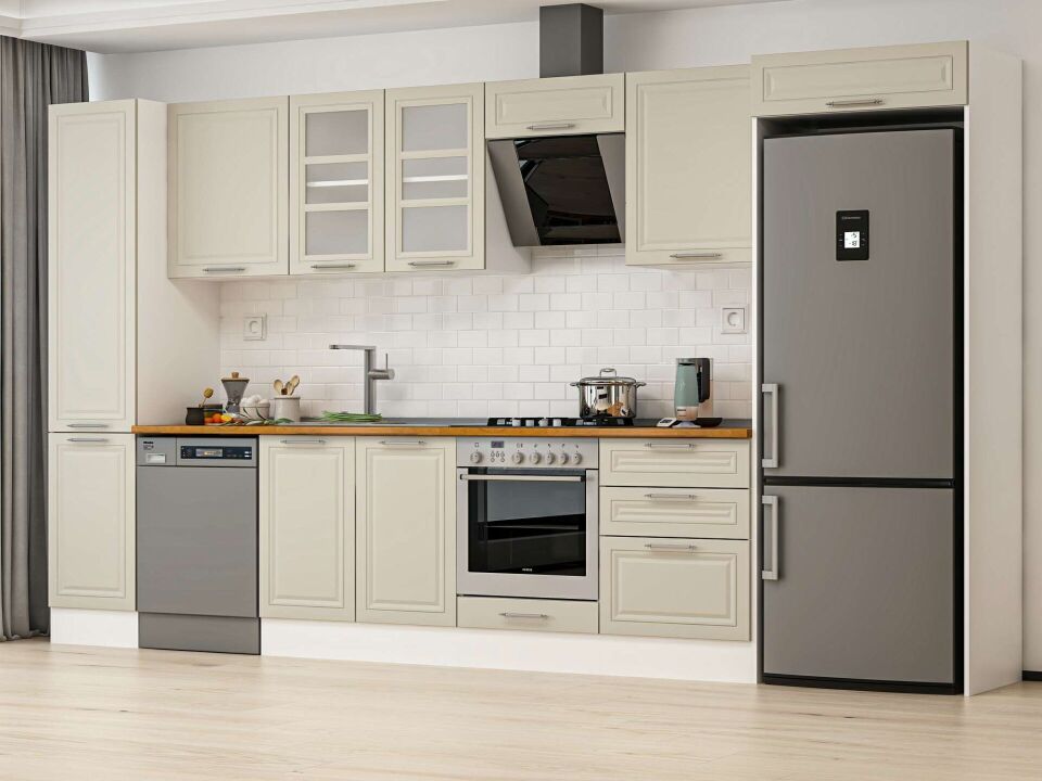 Alvinka 395X222 Cm Klasik Mebran Mutfak Dolabı Mbb-E90B45S60-3 Mebran | Kumtaşı - Mdf