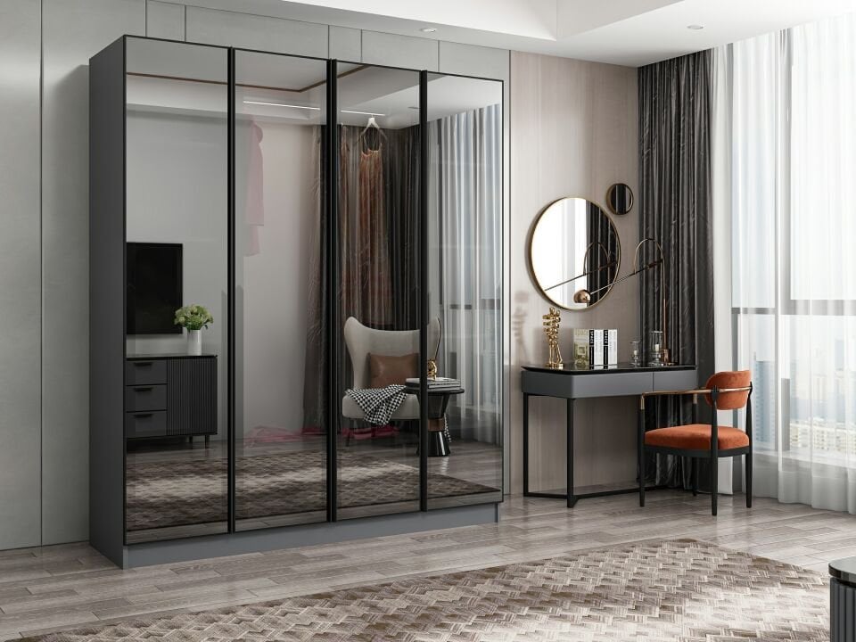 Nisa 4 Kapaklı 2 Çekmece Dolap Antrasit Reflekte Cam