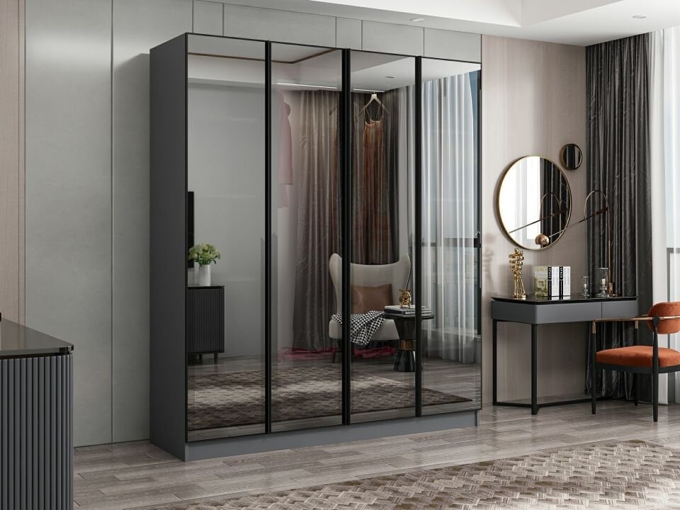 Nisa 4 Kapaklı 2 Çekmece Dolap Antrasit Reflekte Cam