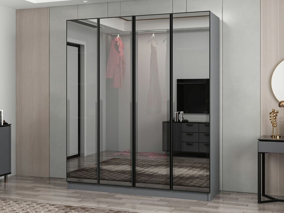 Nisa 4 Kapaklı 2 Çekmece Dolap Antrasit Reflekte Cam