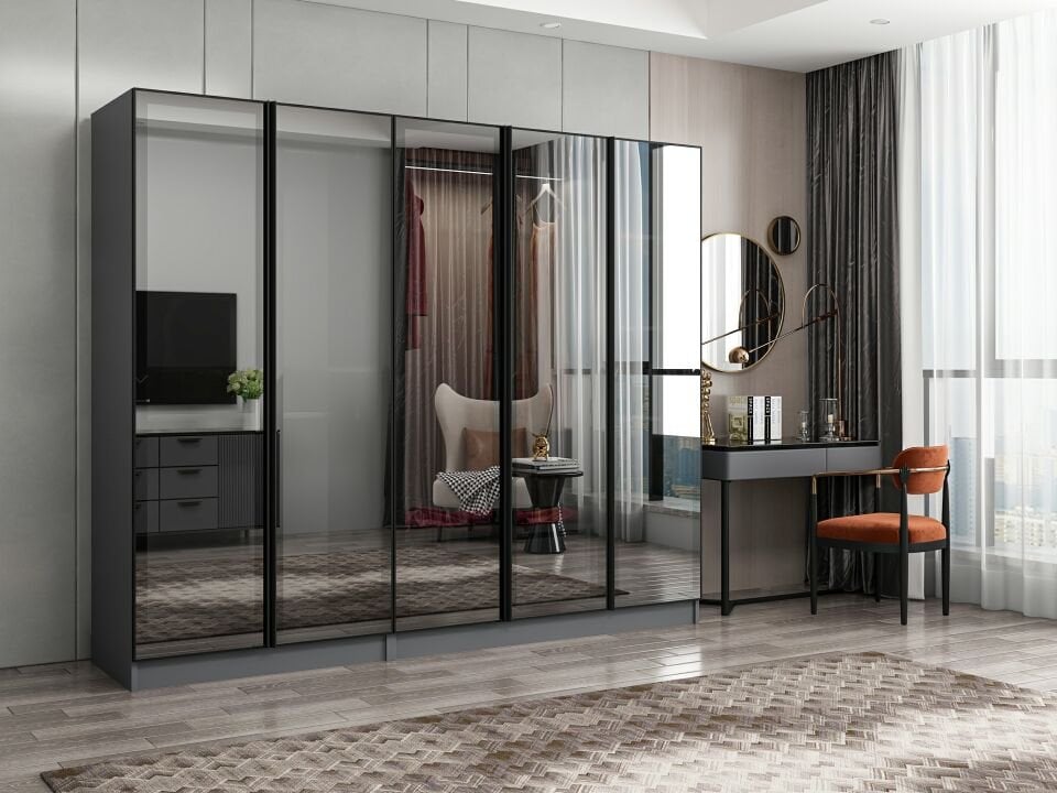 Nisa 5 Kapaklı 2 Çekmece Dolap Antrasit Reflekte Cam