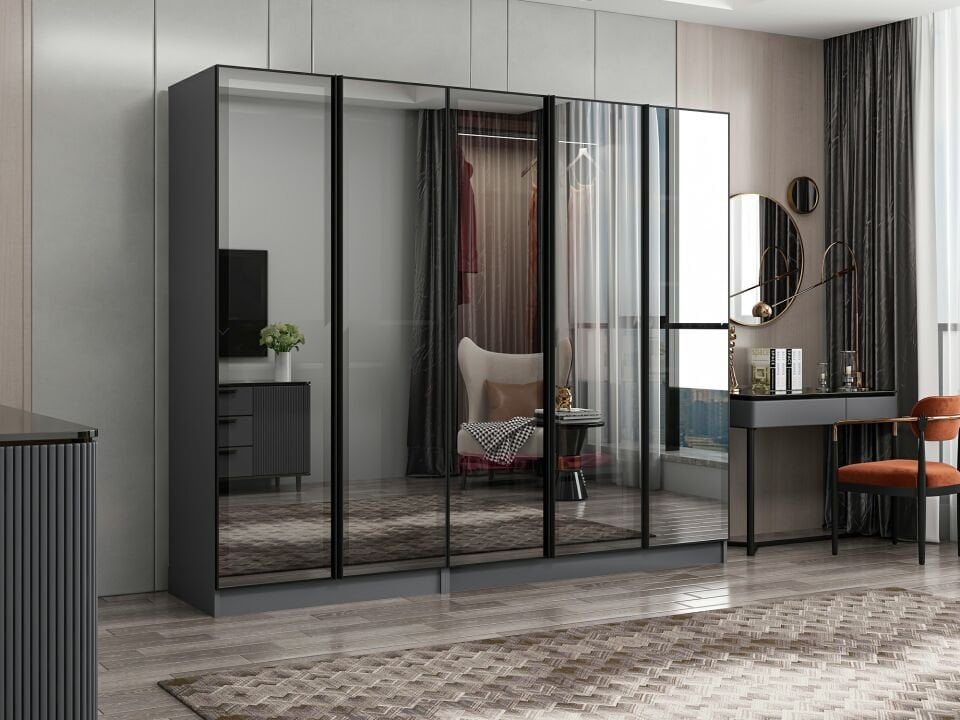 Nisa 5 Kapaklı 2 Çekmece Dolap Antrasit Reflekte Cam