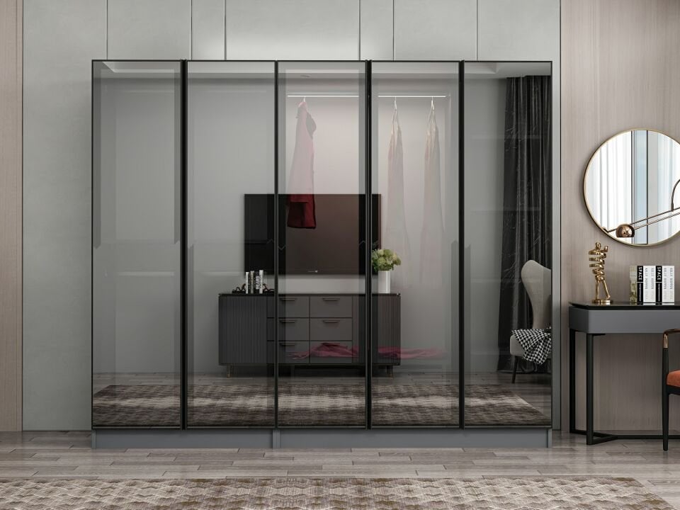 Nisa 5 Kapaklı 2 Çekmece Dolap Antrasit Reflekte Cam