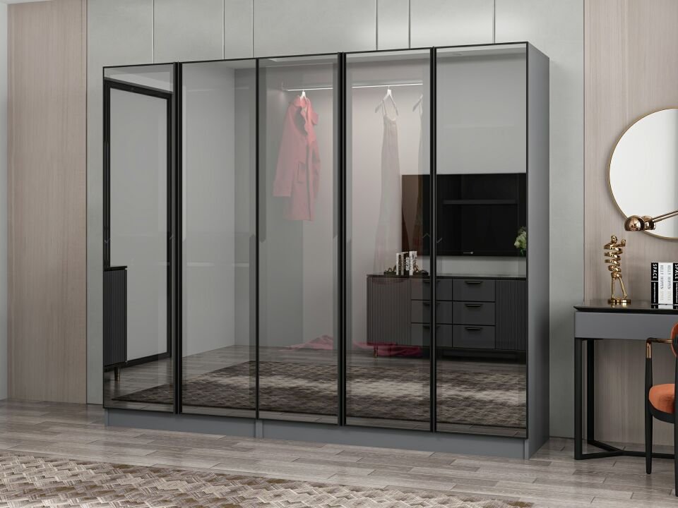 Nisa 5 Kapaklı 2 Çekmece Dolap Antrasit Reflekte Cam