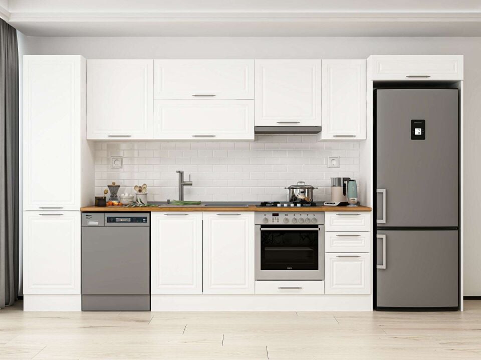 Alvinka 370X222 Cm Klasik Mebran Mutfak Dolabı Beyaz Beyaz Mbb-E80B50S40-1