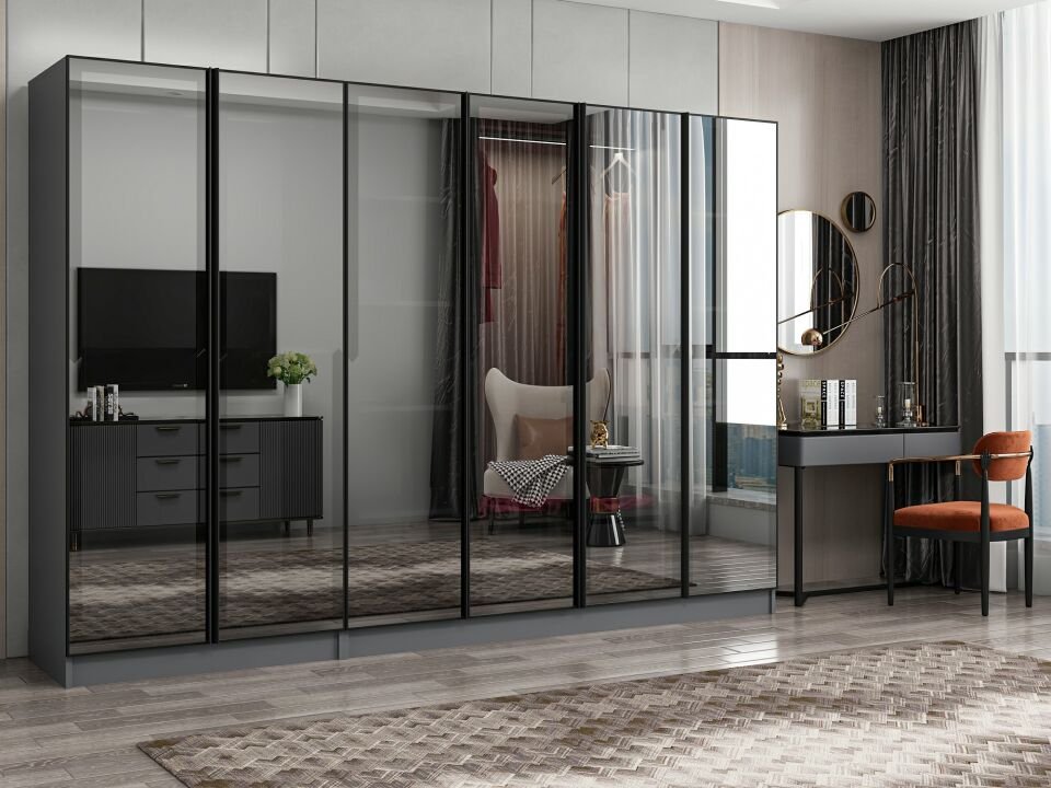 Nisa 6 Kapaklı 2 Çekmece Dolap Antrasit Reflekte Cam