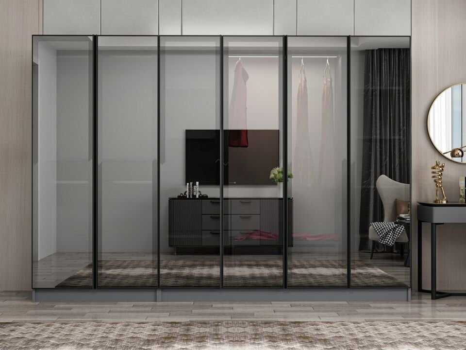 Nisa 6 Kapaklı 2 Çekmece Dolap Antrasit Reflekte Cam