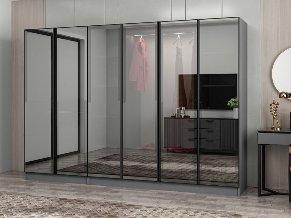 Nisa 6 Kapaklı 2 Çekmece Dolap Antrasit Reflekte Cam