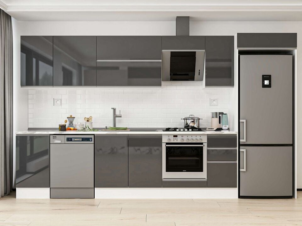 Alvinka 375X222 Cm High Gloss Mutfak Dolabı Mb-E90S45S40-2 High Gloss | Antrasit - Mdf
