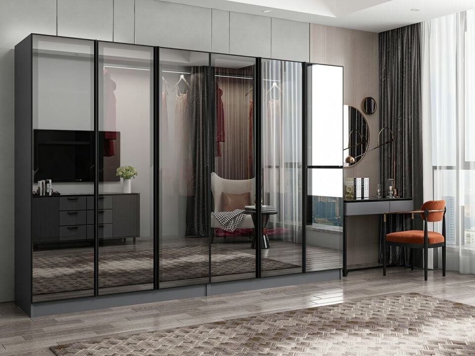 Nisa 6 Kapaklı 4 Çekmece Dolap Antrasit Reflekte Cam