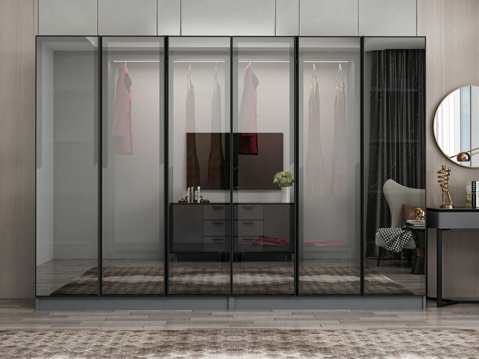 Nisa 6 Kapaklı 4 Çekmece Dolap Antrasit Reflekte Cam