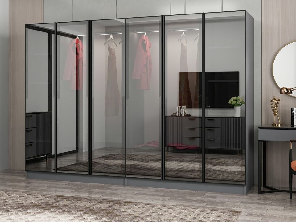 Nisa 6 Kapaklı 4 Çekmece Dolap Antrasit Reflekte Cam