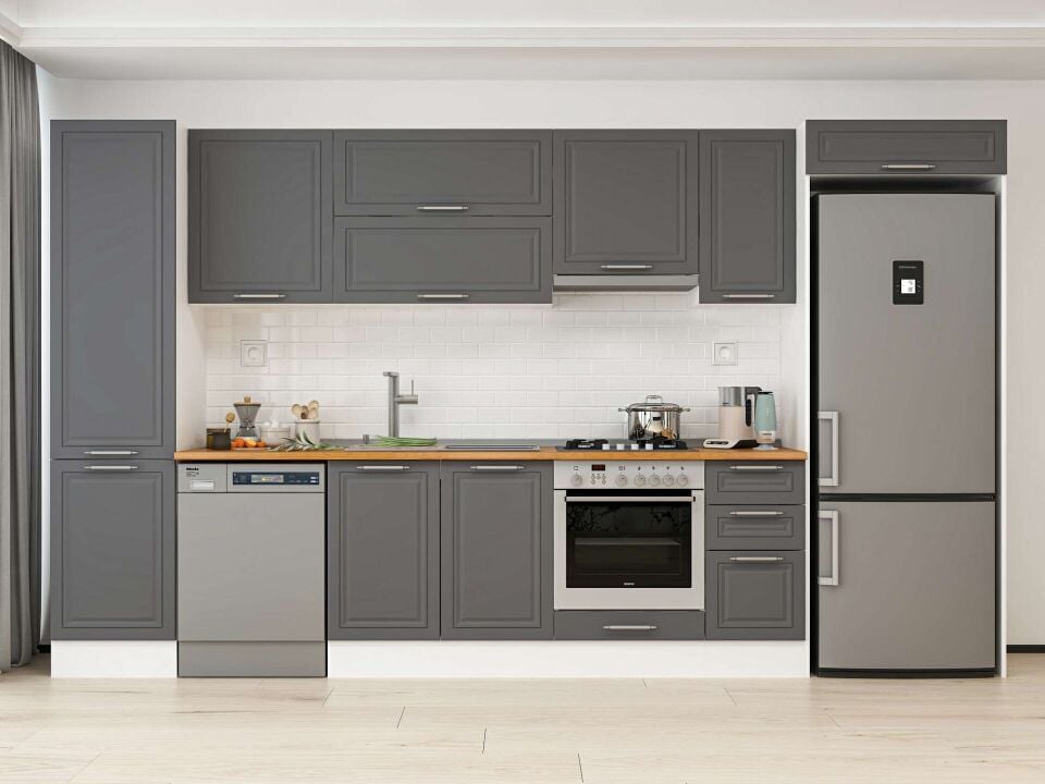 Alvinka 380X222 Cm Klasik Mebran Mutfak Dolabı Mbb-E90B50S40-1 Mebran | Antrasit - Mdf