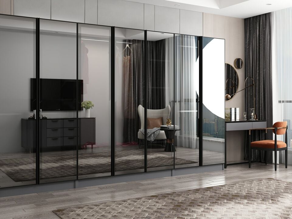 Nisa 7 Kapaklı 2 Çekmece Dolap Antrasit Reflekte Cam