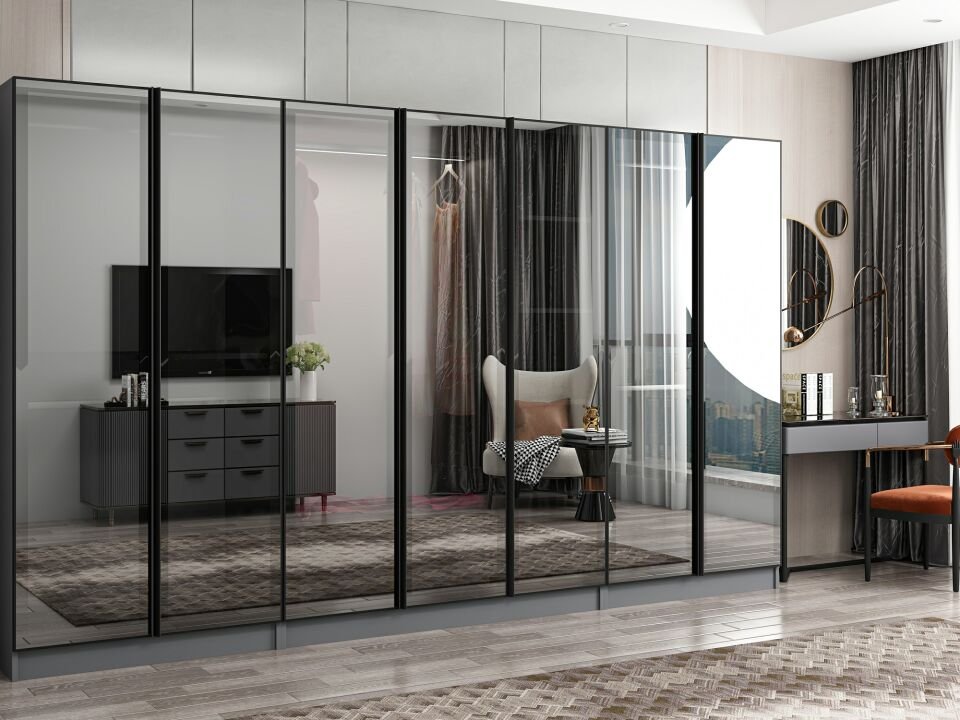 Nisa 7 Kapaklı 2 Çekmece Dolap Antrasit Reflekte Cam