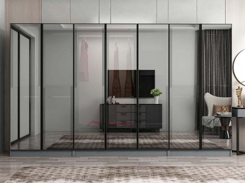 Nisa 7 Kapaklı 2 Çekmece Dolap Antrasit Reflekte Cam