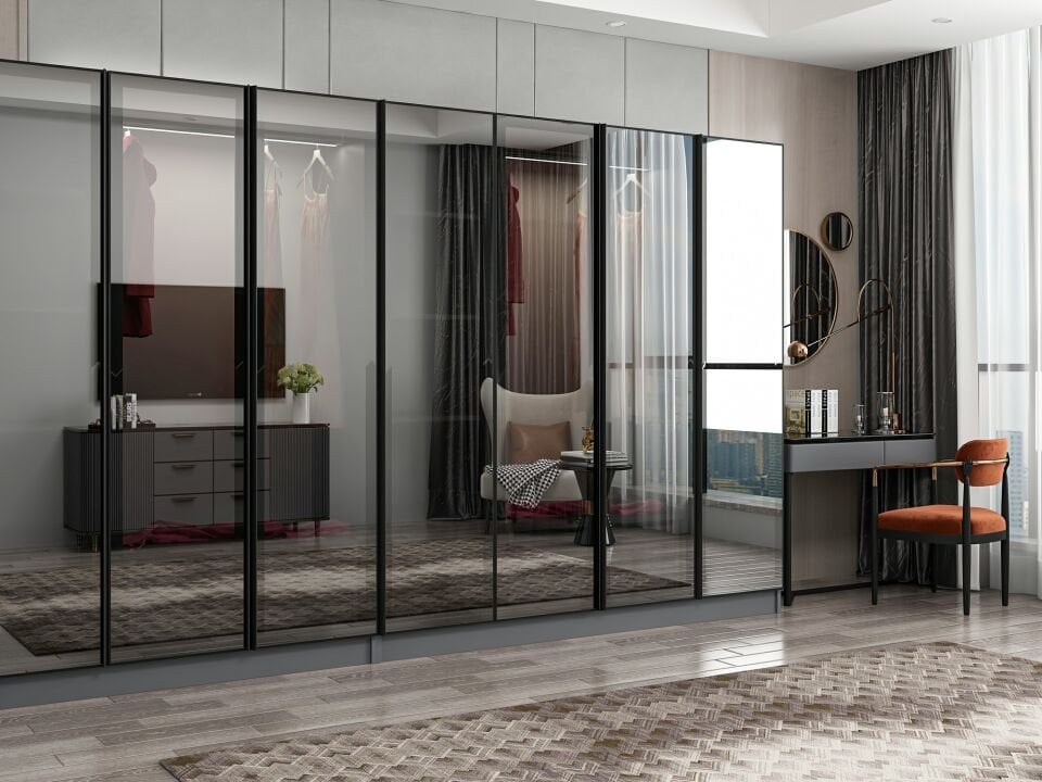 Nisa 7 Kapaklı 4 Çekmece Dolap Antrasit Reflekte Cam